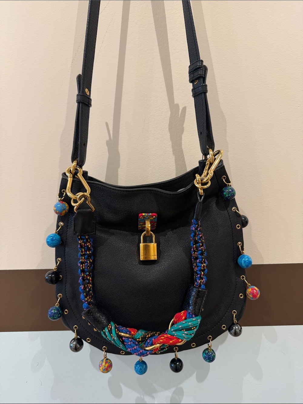 Marc Jacobs Black Shoulder Bag with Multicolor Bead and Rope Accents